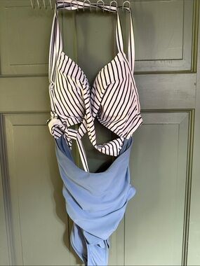 Striped Black & White Top with Light Blue Bottom One-Piece Swimsuit